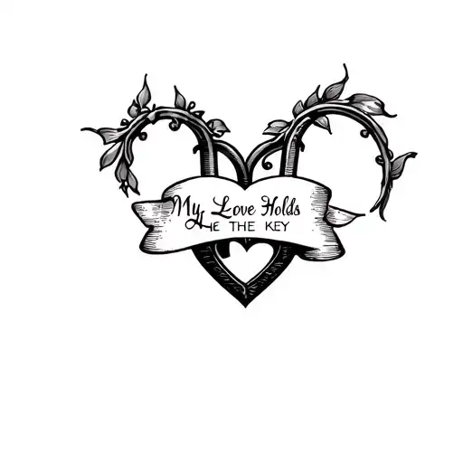 Black, gray, white heart shaped lock tattoo. With  the words, ‘My Love Holds the Key’ a ribbon using Victorian style scr tattoo design idea