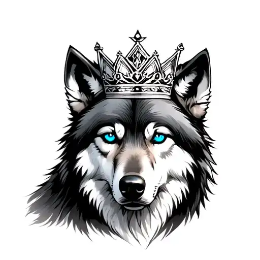 wolf with one blue eye, wearing sweedish crown tattoo design idea