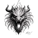 black and white dragon breathing fire front face tattoo design idea