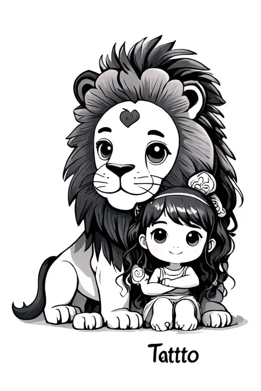  cute toddler girl hiding behind a peaceful but protective lion, symbolizing safety and security.  tattoo design idea