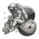sad astronaut sitting on planet with asteroid approaching tattoo design idea