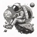 sad astronaut sitting on planet with asteroid approaching tattoo design idea