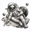 sad astronaut sitting on planet with asteroid approaching tattoo design idea
