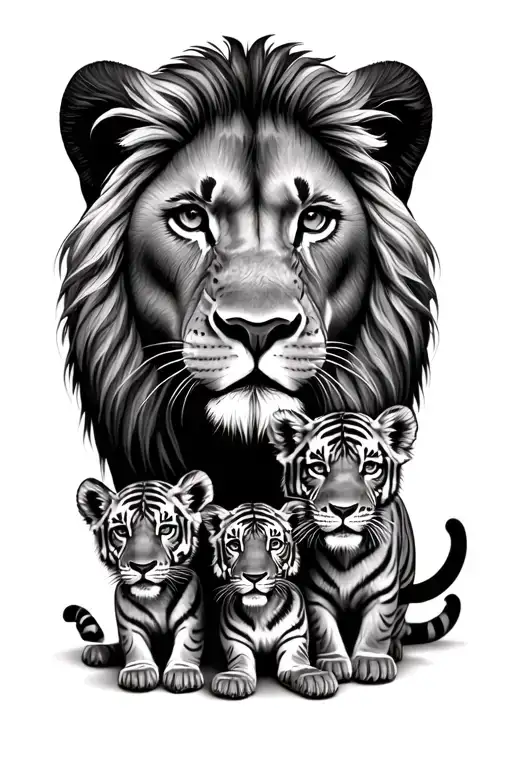 Myself as lion protector of the family and 2 sons as lion cubs partner tigeress and 3 step daughters tiger cubs in a rea tattoo design idea
