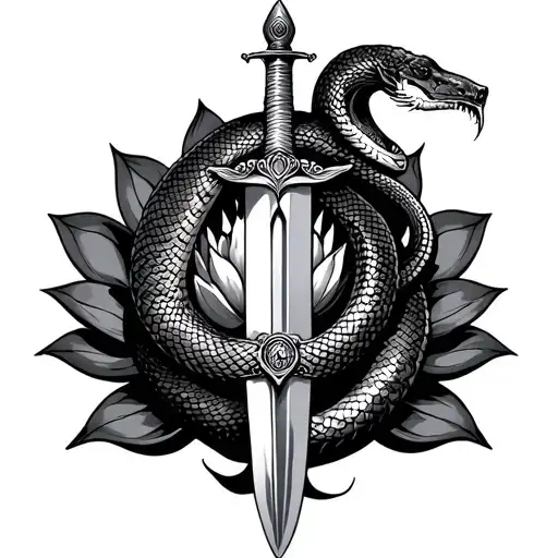 snake coiled around a sword in the middle with lotus in the background tattoo design idea