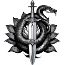 snake coiled around a sword in the middle with lotus in the background tattoo design idea