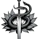 snake coiled around a sword in the middle with lotus in the background tattoo design idea
