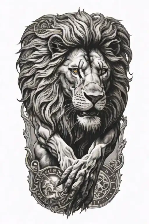lion Atlas with human body holding up the world tattoo design idea
