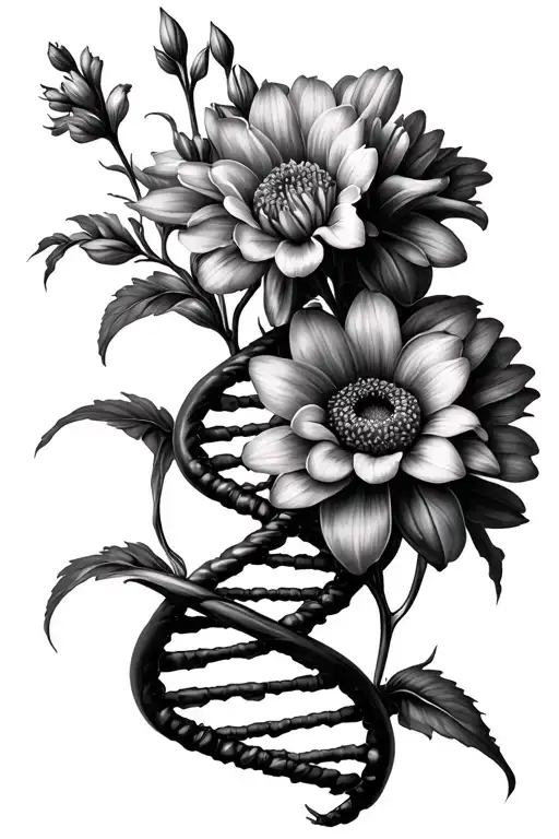 Strand of DNA with 2 sets of Gladiolus and one set of Chrysanthemums with the stems intertwined in the dna  tattoo design idea