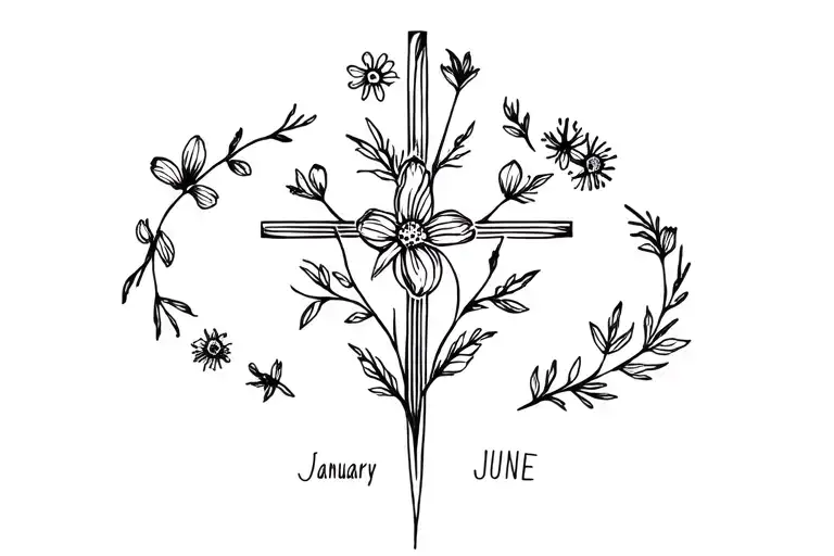 cross with birth flowers of January and June around it tattoo design idea