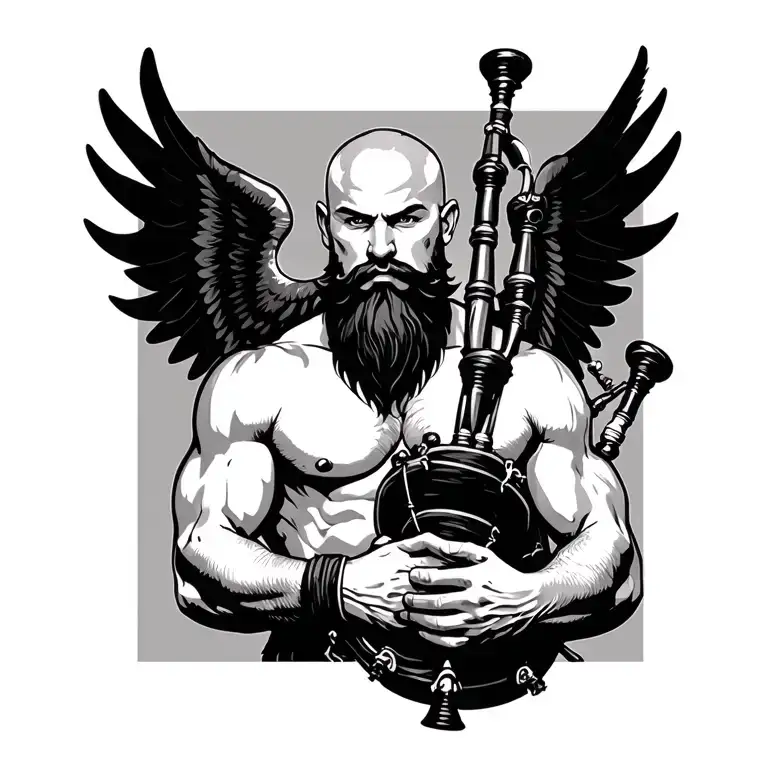 handsome scottish bagpiper bald black beard  muscular wearing pipes in arm big black wings shirtless tattoo tattoo design idea
