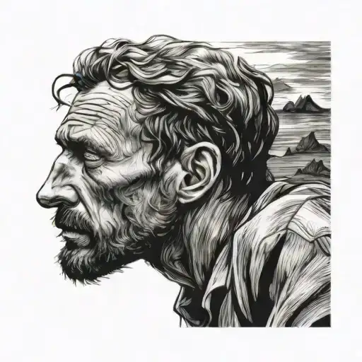sad van gogh holding his head and crying. In the style of van gogh's paintings tattoo design idea