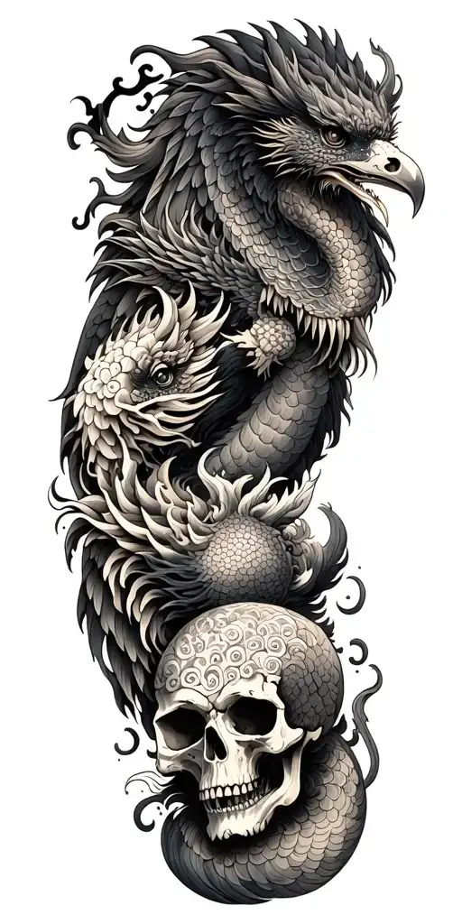 Chinese dragon and phoenix and skull and moon and raven tattoo design idea