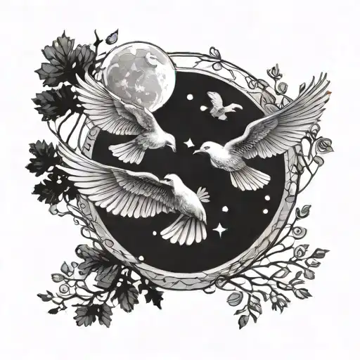 Three doves flying together away from the moon surrounded by trees tattoo design idea