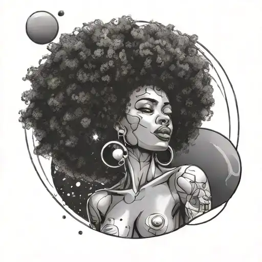 nude black girl with afro and planets orbiting her tattoo design idea