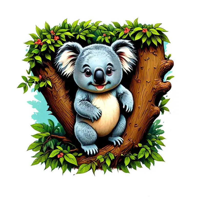 cartoon koala holding a tree sideways tattoo design idea