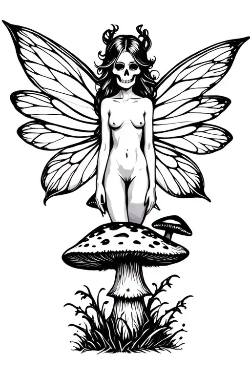 nude fairy on a mushroom with a skull face tattoo design idea