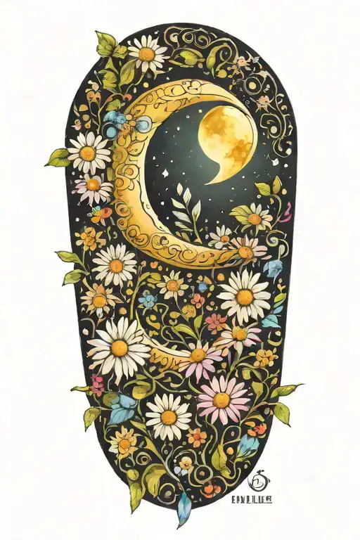 crescent moon made out of daisy flowers tattoo design idea