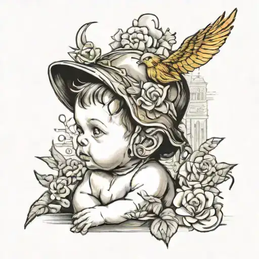 baby portrait above concrete jungle scene tattoo design idea