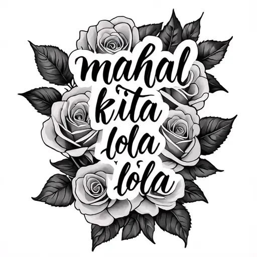 "mahal kita lola" in cursive  written over roses tattoo design idea