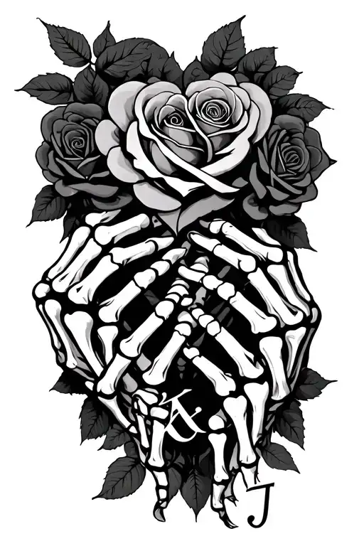 skeleton hands that make a love heart with roses intertwined and with the letters K & J tattoo design idea