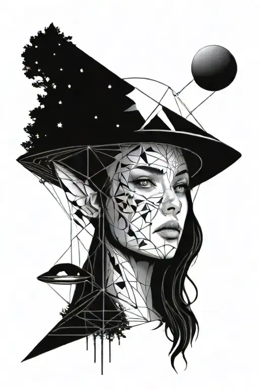 space ufo forest woman face tattoo design idea