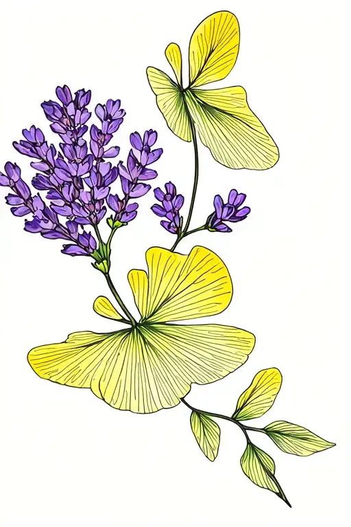 lavender and yellow acacia flowers with two gingko leaves tattoo design idea