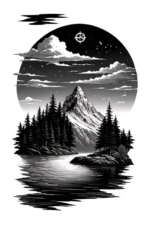 Forest of Mount Compass in the sky, the river flows into the sea and the sun tattoo design idea