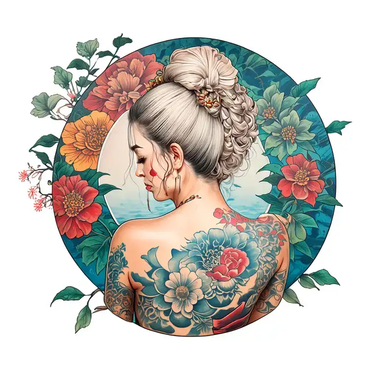 a pale woman with a yakuza back tattoo tattoo design idea