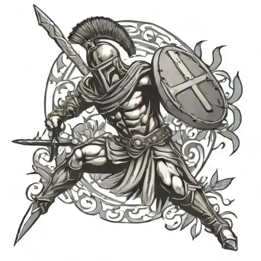 spartan warrior with sword and olive branch surrounded tattoo design idea