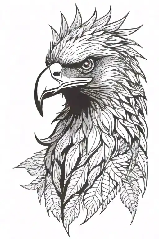 Eagle head, profile. Cannabis marijuana weed shaped feathers encircle head, radiating outwards. Detailed. tattoo design idea