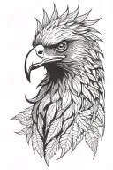 Eagle head, profile. Cannabis marijuana weed shaped feathers encircle head, radiating outwards. Detailed. tattoo design idea