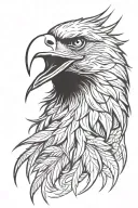 Eagle head, profile. Cannabis marijuana weed shaped feathers encircle head, radiating outwards. Detailed. tattoo design idea