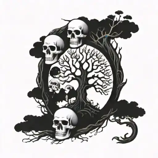 A family tree design with each branch representing a different time period in history, incorporating elements of skulls and Viking imagery tattoo design idea