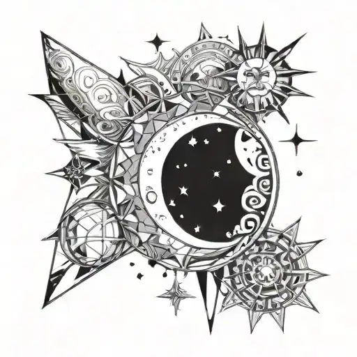 universe tattoo with sun moon and stars shining tattoo design idea