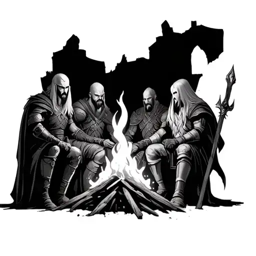 kratos, link, geralt and arthas sitting around a dark souls bonfire tattoo design idea