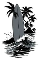 surfboard tattoo with wave and palm trees tattoo design idea