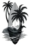 surfboard tattoo with wave and palm trees tattoo design idea