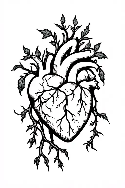 small human heart with long roots and ivy leafs coming out tattoo design idea