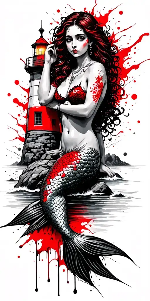  mermaid sitting on a rock and and lighthouse over looking the ocean tattoo design idea