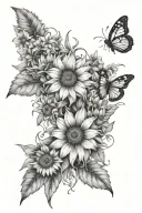 wildflowers, sunflowers, daisies, lilies, dandelions with butterflies and bees & small birds with leaves & stem sleeve tattoo design idea