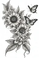 wildflowers, sunflowers, daisies, lilies, dandelions with butterflies and bees & small birds with leaves & stem sleeve tattoo design idea