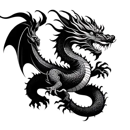 Dragon made in a traditional oriental style.- Form and pose: the dragon is presented in a dynamic pose, with a goal raised tattoo design idea