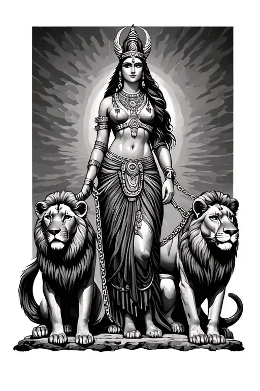 Goddess ishtar standing with two lions on leash beeneath her tattoo design idea