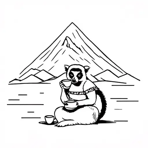 Lemur wearing a dress drinking an ethiopian cup of coffee with mt kilimanjaro behind tattoo design idea