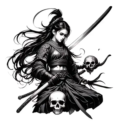 Beautiful girl Samurai with a sword holds a skull in her hand tattoo design idea