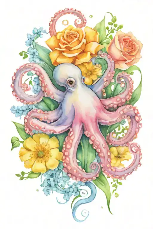 octopus, snowdrop, rose,  marigold flower tattoo design idea