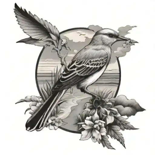 mockingbird and beach landscape tattoo design idea