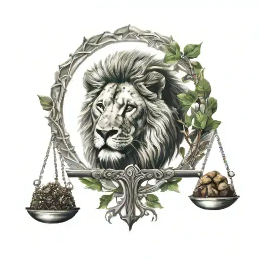 lion head and justice scales with life tree emerging tattoo design idea