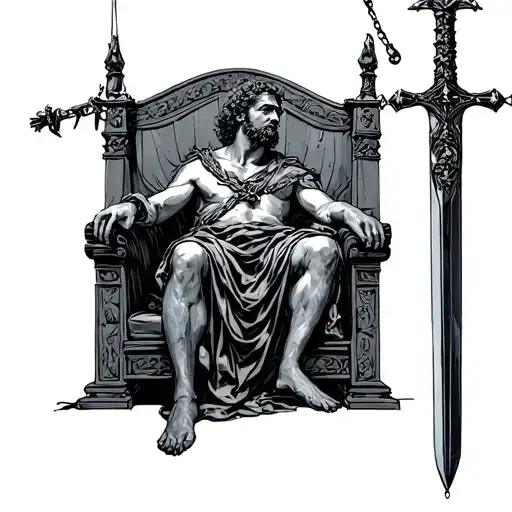 a sketch of Damocles sitting on a throne with the sword dangling on a string above him tattoo design idea